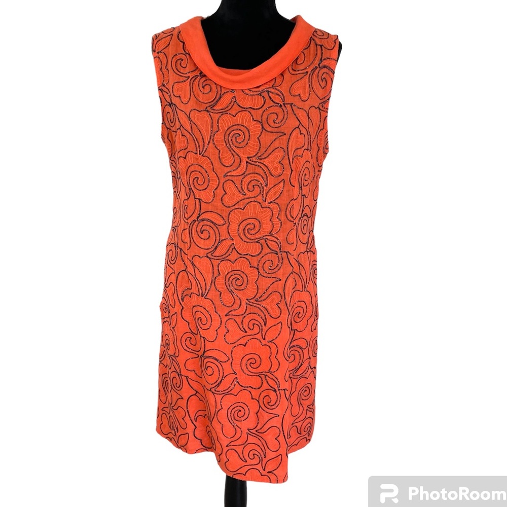 Lungo L’arno Orange Linen Sleeveless Dress W/ Allover Embroidery -Made In Italy!